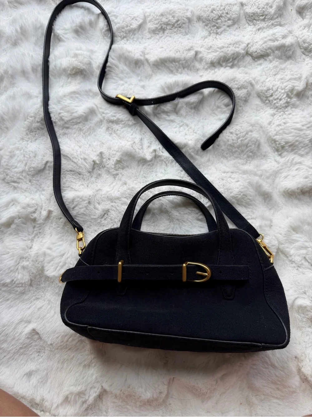 Classic Black Suede Top-Handle Bag with Gold Hardware